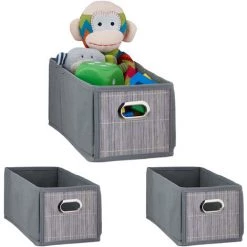 RELAXDAYS 3x Paniers De Rangement Bambou, Corbeille Salle De Bain, Carré, Panière, Boîte étroite, 14x15x31 Cm, Pliant, Gris