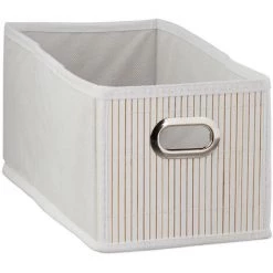 RELAXDAYS 3x Paniers De Rangement Bambou, Corbeille Salle De Bain, Carré, Panière, Boîte étroite, 14x15x31 Cm, Pliant, Blanc -Petit rangement Soldes Magasin 67693529 2