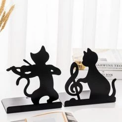 FUIENKO Porte-livre Décoratif En Métal, 1 Paire, Créatif, En Forme De Chat, Noir, Support Artistique Pour Livre De Bureau, Pour La Maison Et Le Bureau, Organisateur De Bouchons De Livres,Violin Cat