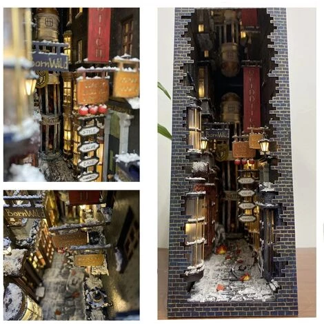 FUIENKO Serre-livres En Bois à Monter Soi-même, Allée Diagonale Avec LED, Modèle Fait à La Main, Bloc De Construction, Meubles Miniatures, Jouets De Décoration Pour La Maison, Cadeau,Shanghai Old Times 4 FUIENKO Serre-livres En Bois à Monter Soi-même, Allée Diagonale Avec LED, Modèle Fait à La Main, Bloc De Construction, Meubles Miniatures, Jouets De Décoration Pour La Maison, Cadeau,Shanghai Old Times – Image 2