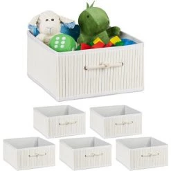 RELAXDAYS 6x Paniers Rangement En Bambou, Corbeille, HxLxP : 16,5 X 32 X 35 Cm, Panière Avec Poignée, 15 L Par Boîte, Blanc