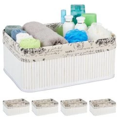 RELAXDAYS 5x Paniers, Revêtement En Tissu, Bambou, Rectangulaire, Corbeille, Panier Salle De Bain 16,5x38x28,5 Cm, Blanc