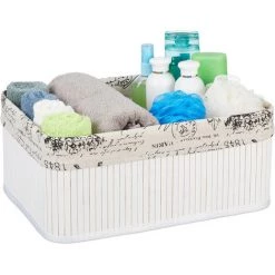 RELAXDAYS 1x Panier, Revêtement En Tissu, Bambou, Rectangulaire, Corbeille, Panier Salle De Bain 16,5x38x28,5 Cm, Blanc
