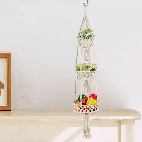 FUIENKO Panier à Fruits Suspendu En Macramé à 3 Niveaux, Hamac De Cuisine, Panier De Rangement Mural, Décor Boho 4 FUIENKO Panier à Fruits Suspendu En Macramé à 3 Niveaux, Hamac De Cuisine, Panier De Rangement Mural, Décor Boho – Image 2