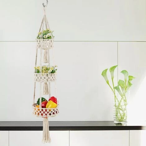 FUIENKO Panier à Fruits Suspendu En Macramé à 3 Niveaux, Hamac De Cuisine, Panier De Rangement Mural, Décor Boho 5 FUIENKO Panier à Fruits Suspendu En Macramé à 3 Niveaux, Hamac De Cuisine, Panier De Rangement Mural, Décor Boho – Image 3