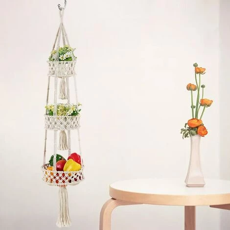 FUIENKO Panier à Fruits Suspendu En Macramé à 3 Niveaux, Hamac De Cuisine, Panier De Rangement Mural, Décor Boho 6 FUIENKO Panier à Fruits Suspendu En Macramé à 3 Niveaux, Hamac De Cuisine, Panier De Rangement Mural, Décor Boho – Image 4