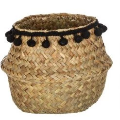 Atmosphera - Petit Panier En Osier Avec Pompons Noirs - Noir