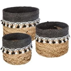 Atmosphera - Set De 3 Paniers De Rangement En Seagrass Avec Pompons - Noir/beige