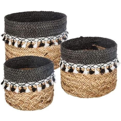 Atmosphera - Set De 3 Paniers De Rangement En Seagrass Avec Pompons - Noir/beige 3 Atmosphera - Set De 3 Paniers De Rangement En Seagrass Avec Pompons - Noir/beige