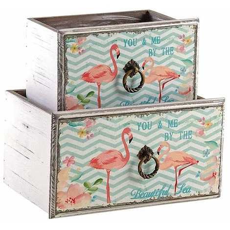 AUBRY GASPARD Corbeille Tiroir En Bois Flamants Roses (Lot De 2) Multicolore - Multicolore 3 AUBRY GASPARD Corbeille Tiroir En Bois Flamants Roses (Lot De 2) Multicolore - Multicolore